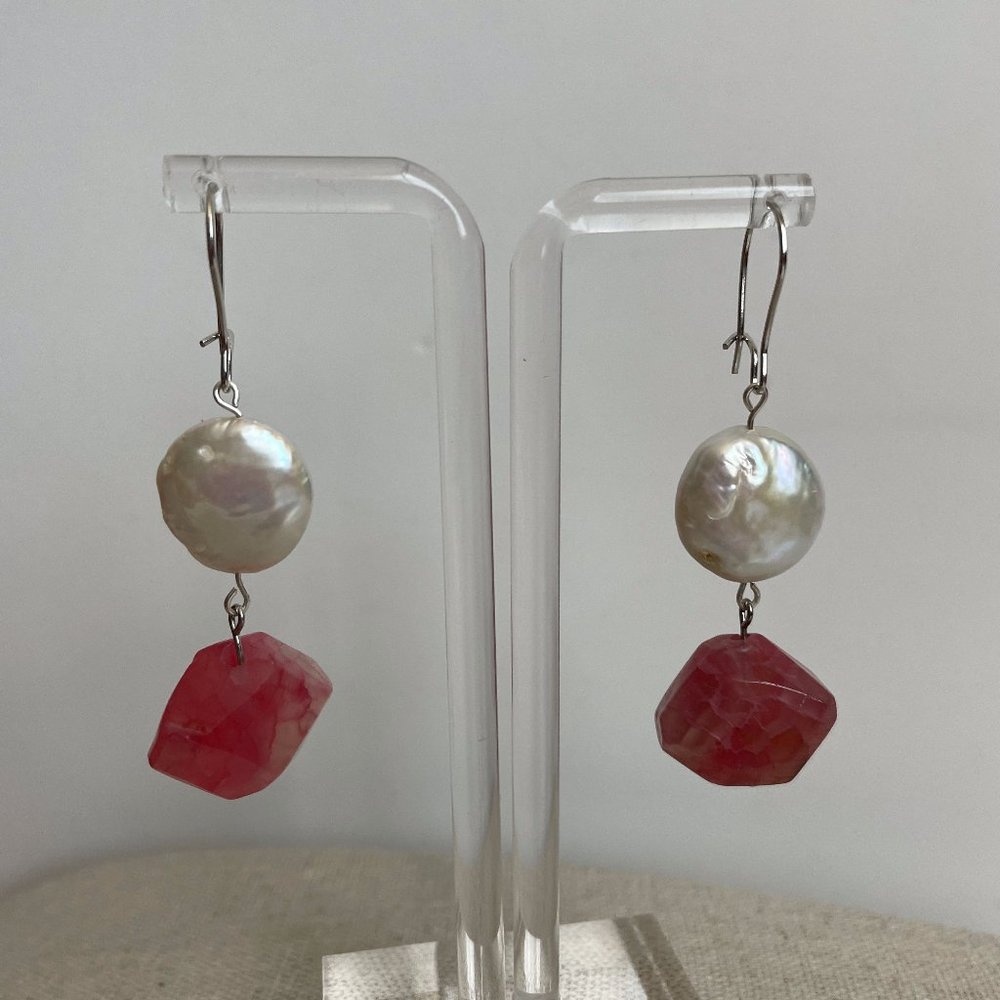 Artisan Button Pearl Rose Quartz Drop Dangle Pierced Earrings 2” NEW